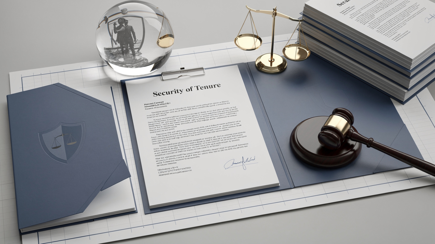 Security of tenure document, scales of justice, and gavel on a legal desk