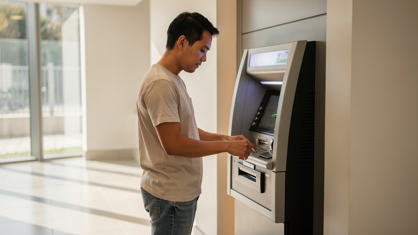 Employee withdrawing money from an ATM, symbolizing wage claims, delayed salaries, and 13th-month pay issues in the Philippines