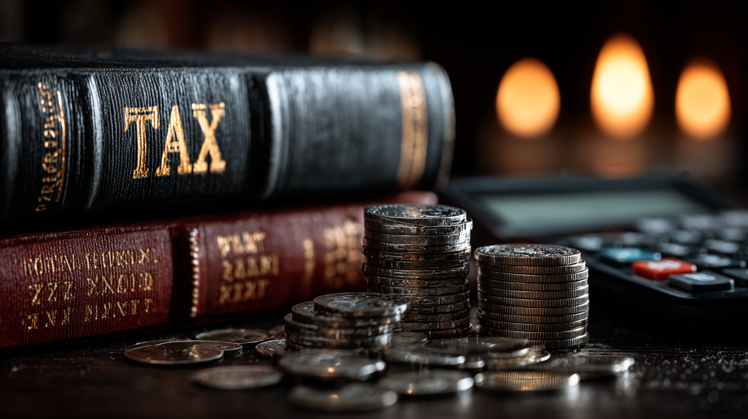 Tax law book with calculator and coins for 8% income tax topic