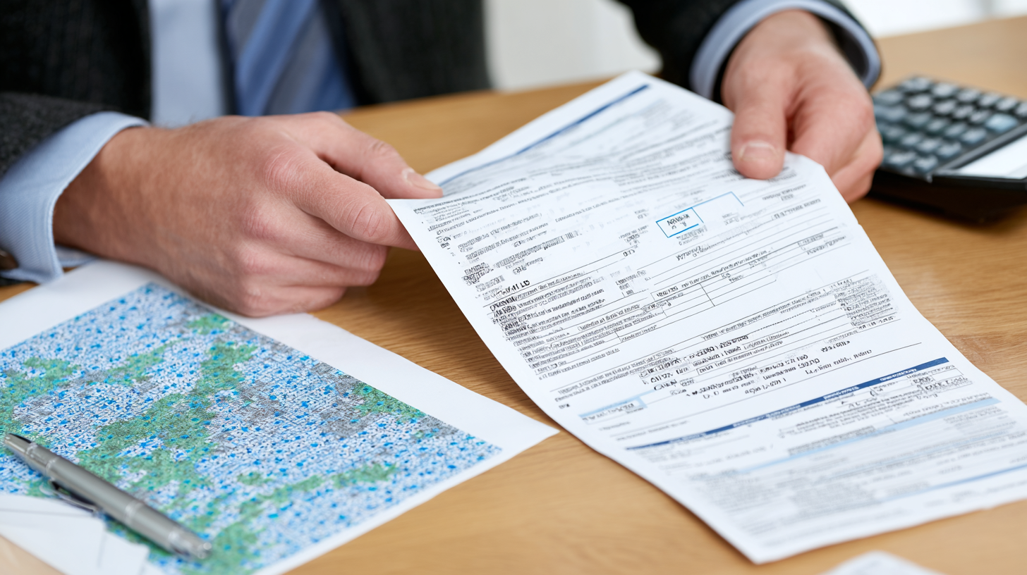 Hands reviewing land purchase documents and map on a desk