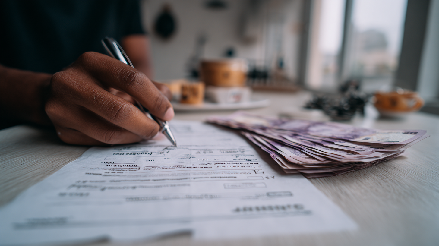 Close-up of hands signing a loan document with Philippine peso bills on the table
