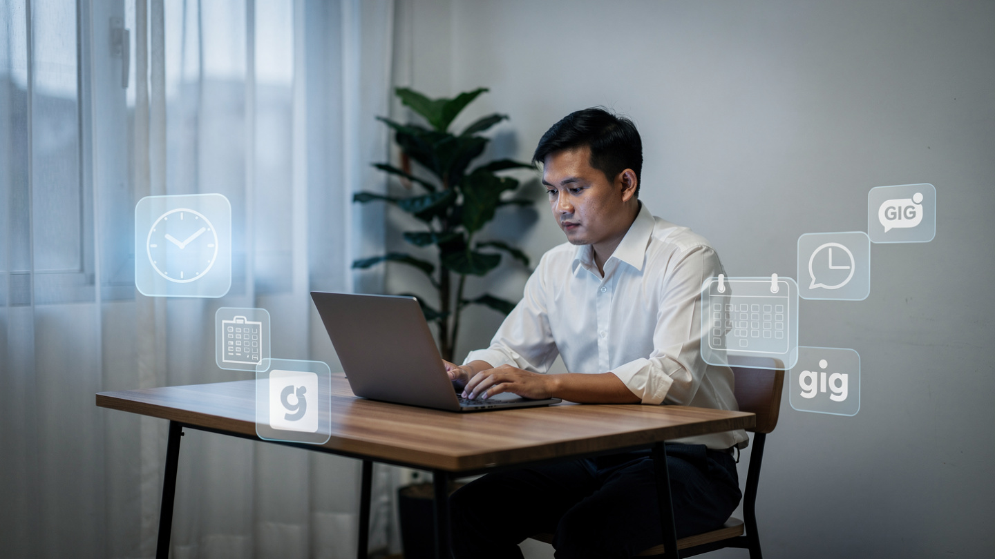 Filipino freelancer working on a laptop with gig work and scheduling icons